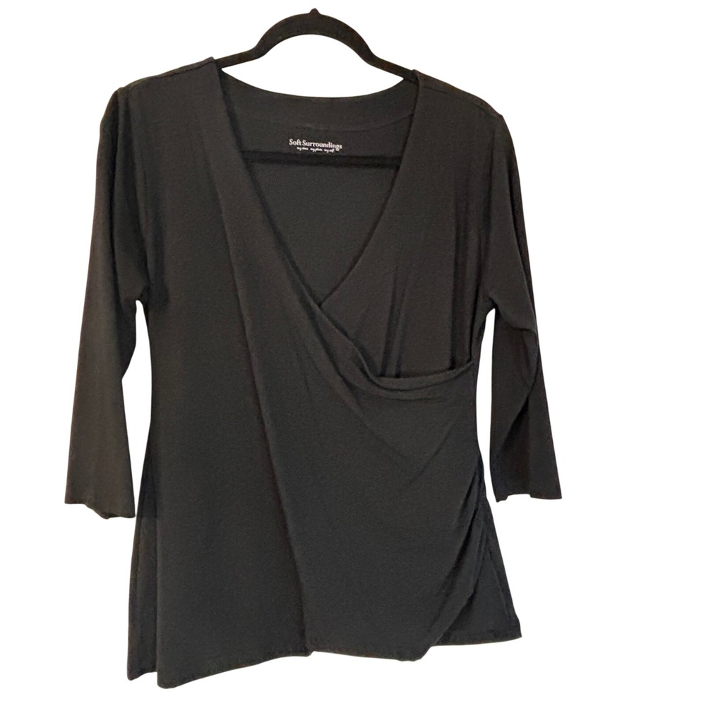 Soft Surroundings Black Faux Wrap Top 3/4 Sleeve Pima Cotton Modal L Minimalist
